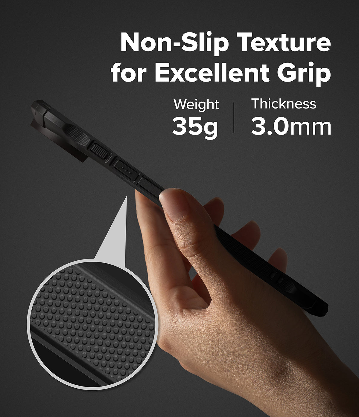 iPhone Air Case | Fusion-X - Hand holding a slim black phone case with a magnified view of its non-slip dotted texture.