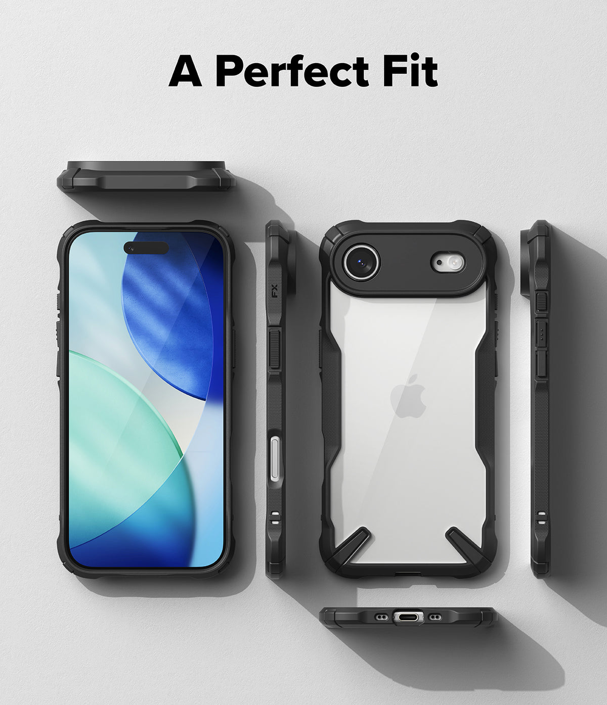 iPhone Air Case | Fusion-X - Exploded view of a black protective phone case showing front, back, and side profiles on a gray background.