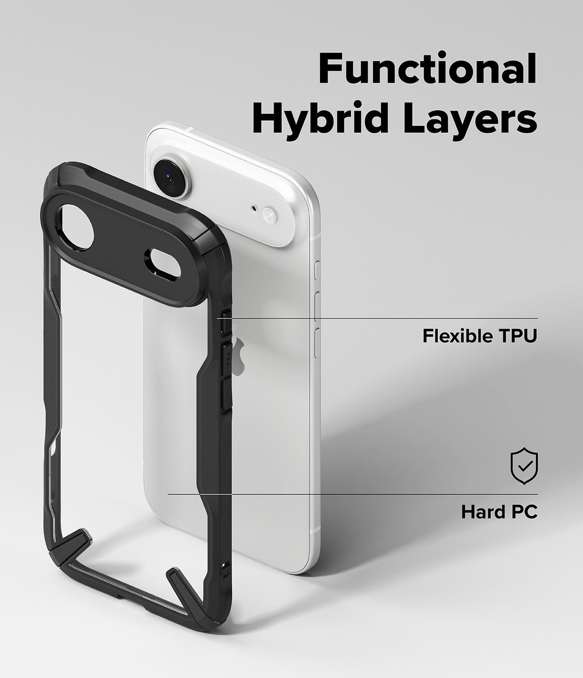 iPhone Air Case | Fusion-X - Exploded view of a phone case showing flexible TPU and hard PC layers against a white iPhone.