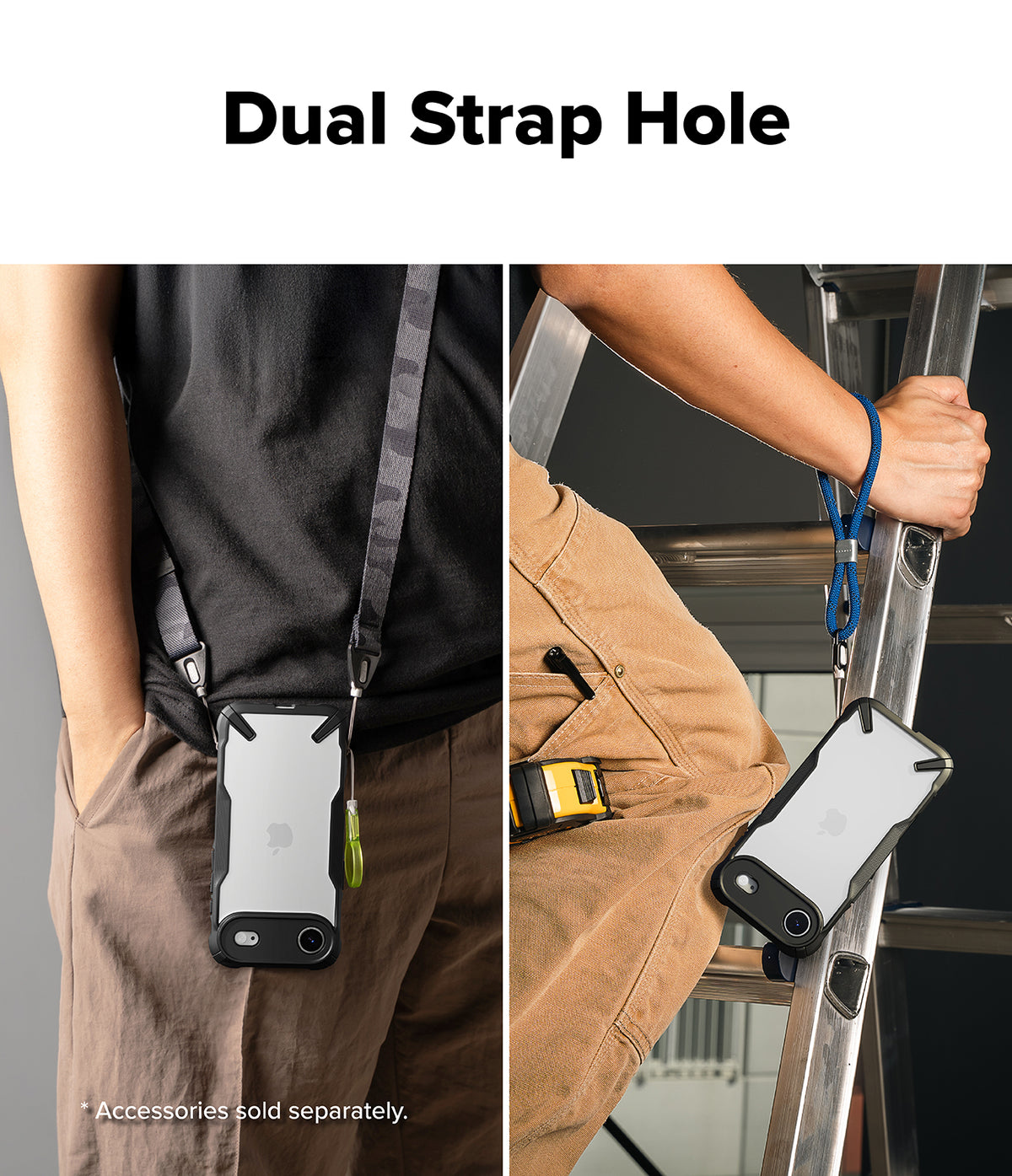 iPhone Air Case | Fusion-X - Two views of a phone case with dual strap holes attached to a neck lanyard and a wrist strap.