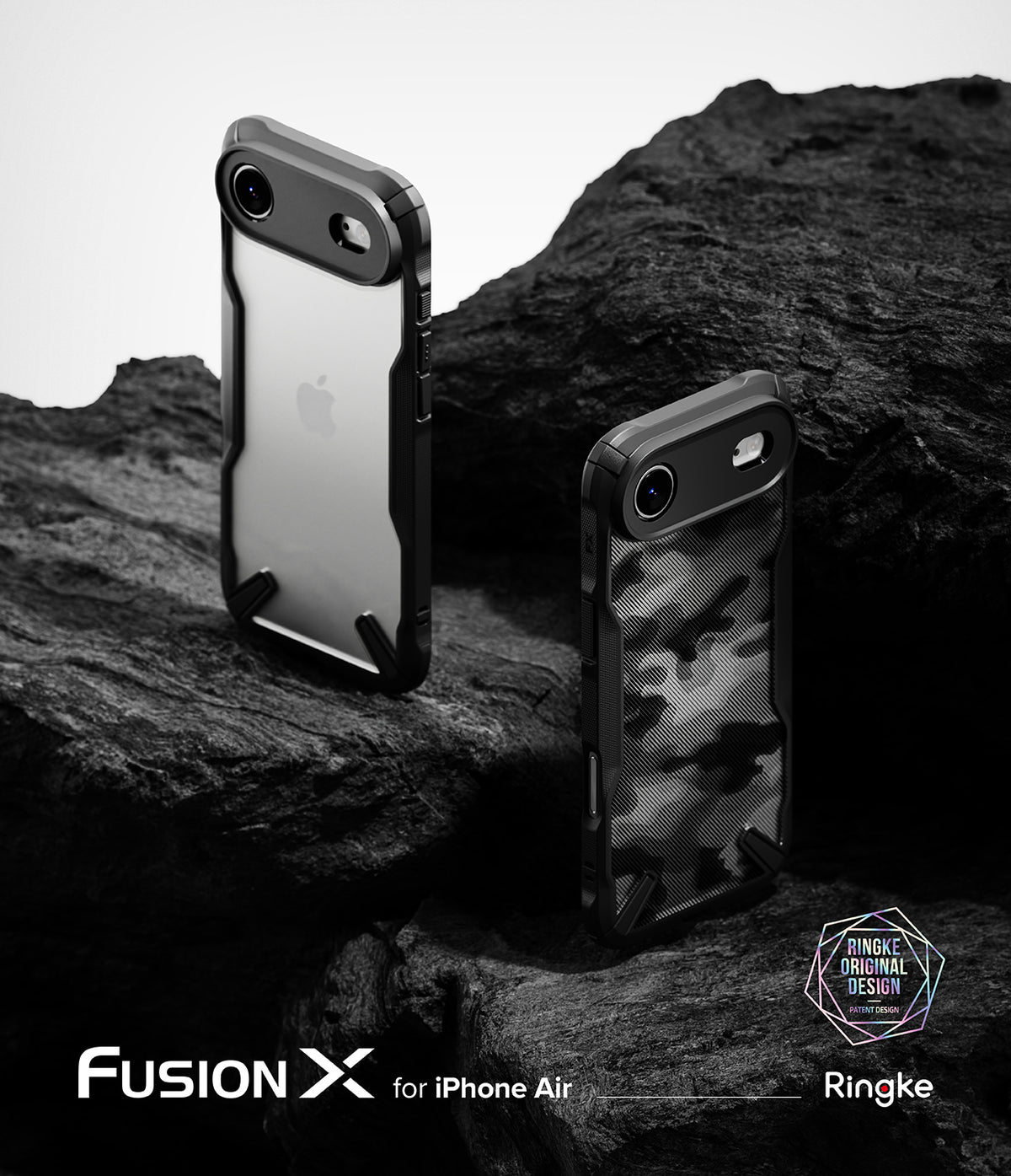 iPhone Air Case | Fusion-X - Two black Fusion-X phone cases displayed on dark, textured volcanic rock.