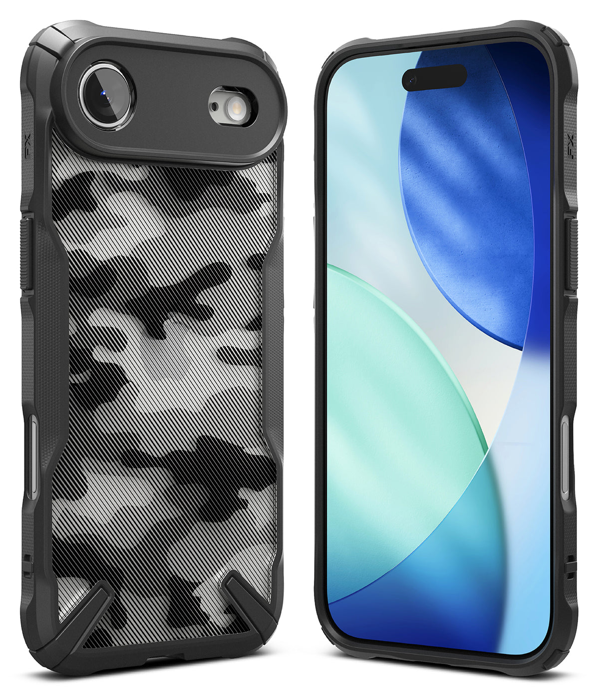 iPhone Air Case | Fusion-X - Rugged black phone case with a black and white camo back panel, shown from front and rear angles.