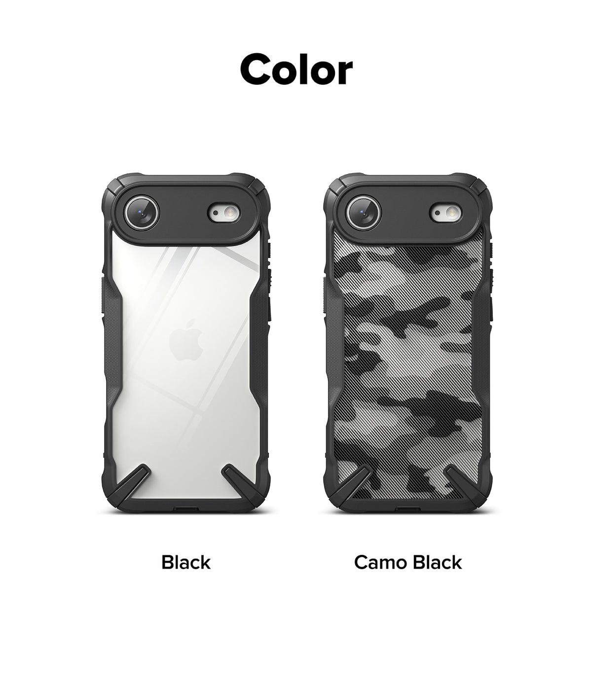 iPhone Air Case | Fusion-X - Two iPhone cases in Black and Camo Black with rugged frames and clear or patterned backs.