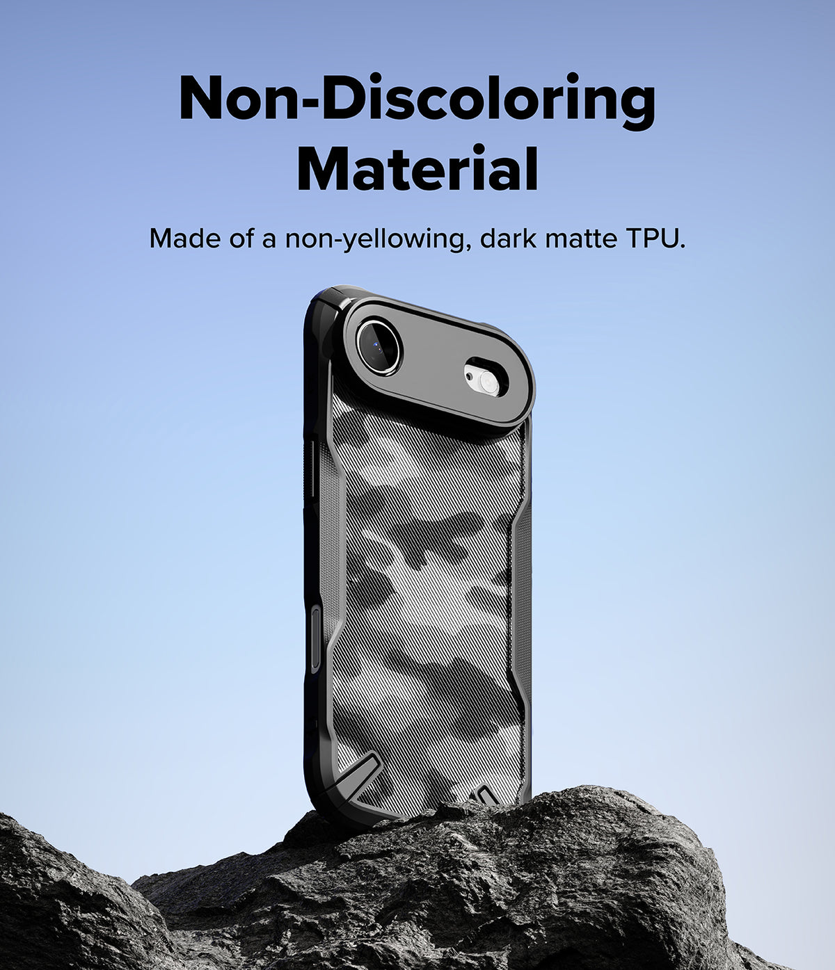 iPhone Air Case | Fusion-X - Black camouflage phone case on a rock against a blue sky with text about non-discoloring TPU material.
