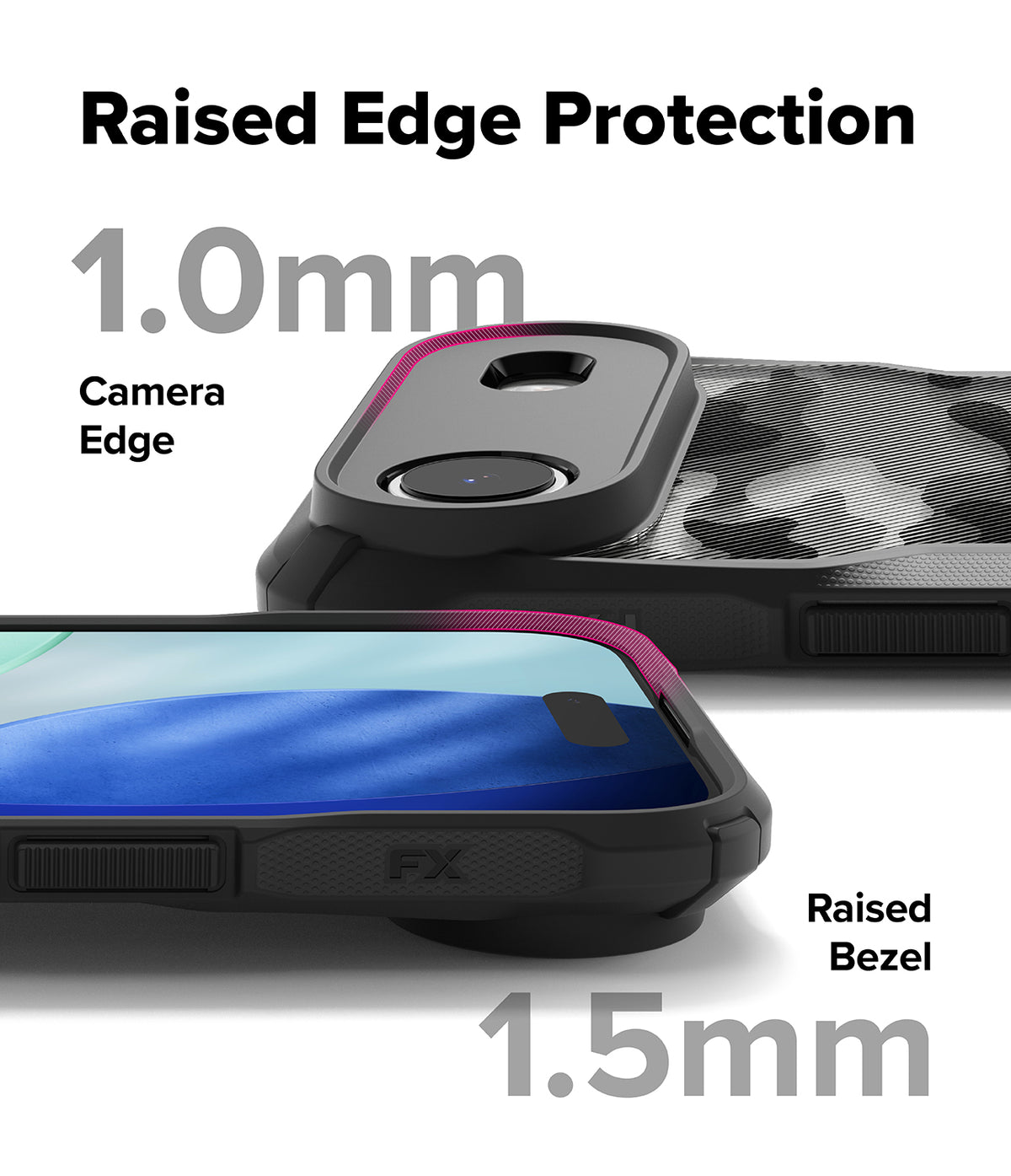 iPhone Air Case | Fusion-X - Close-up of phone case showing 1.0mm camera edge and 1.5mm raised screen bezel protection.