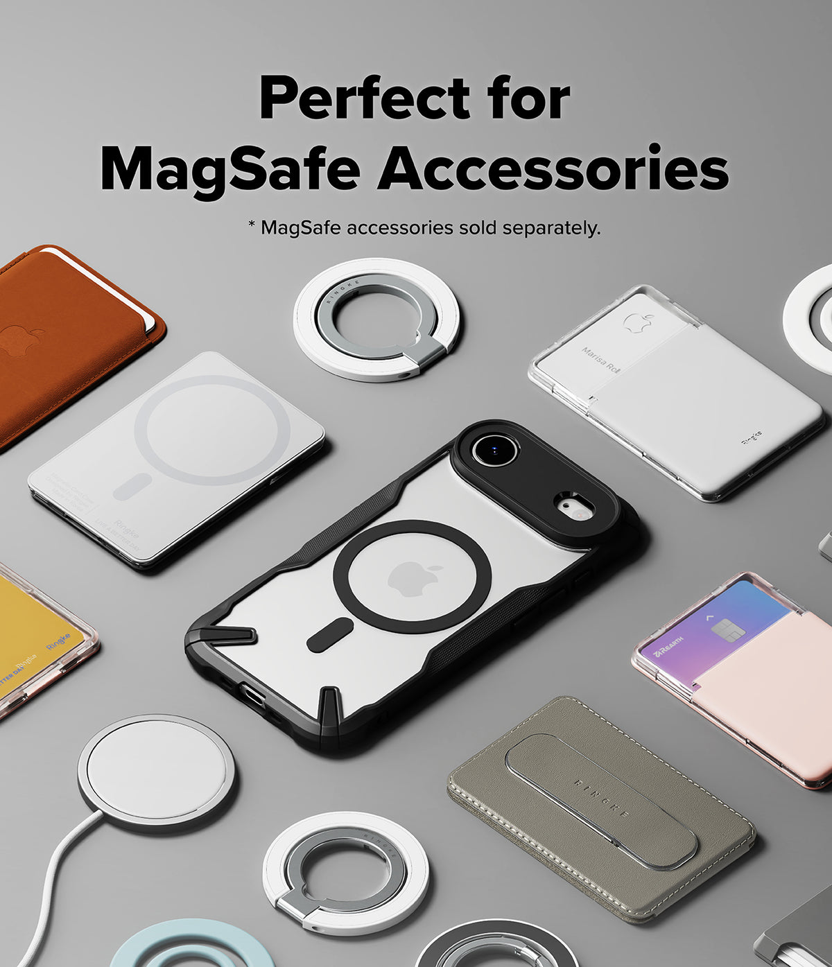 iPhone Air Case | Fusion-X Magnetic - A black and clear phone case surrounded by various MagSafe accessories on a gray background.