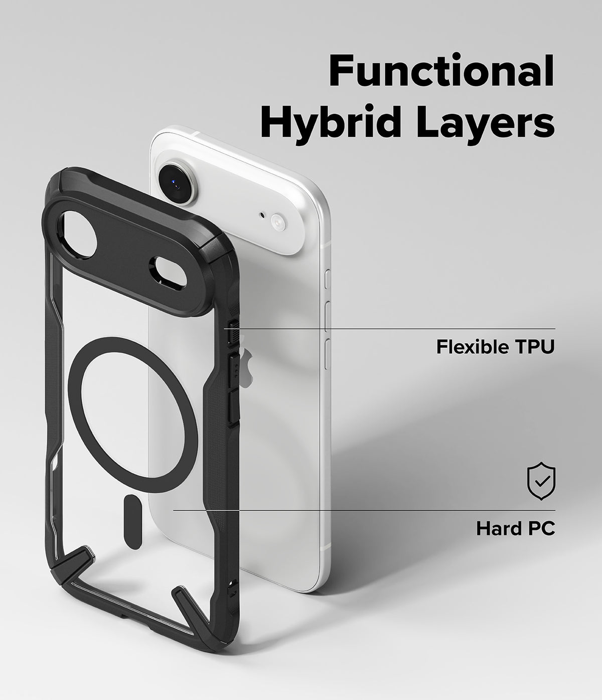iPhone Air Case | Fusion-X Magnetic - Exploded view of a phone case showing flexible TPU and hard PC layers.