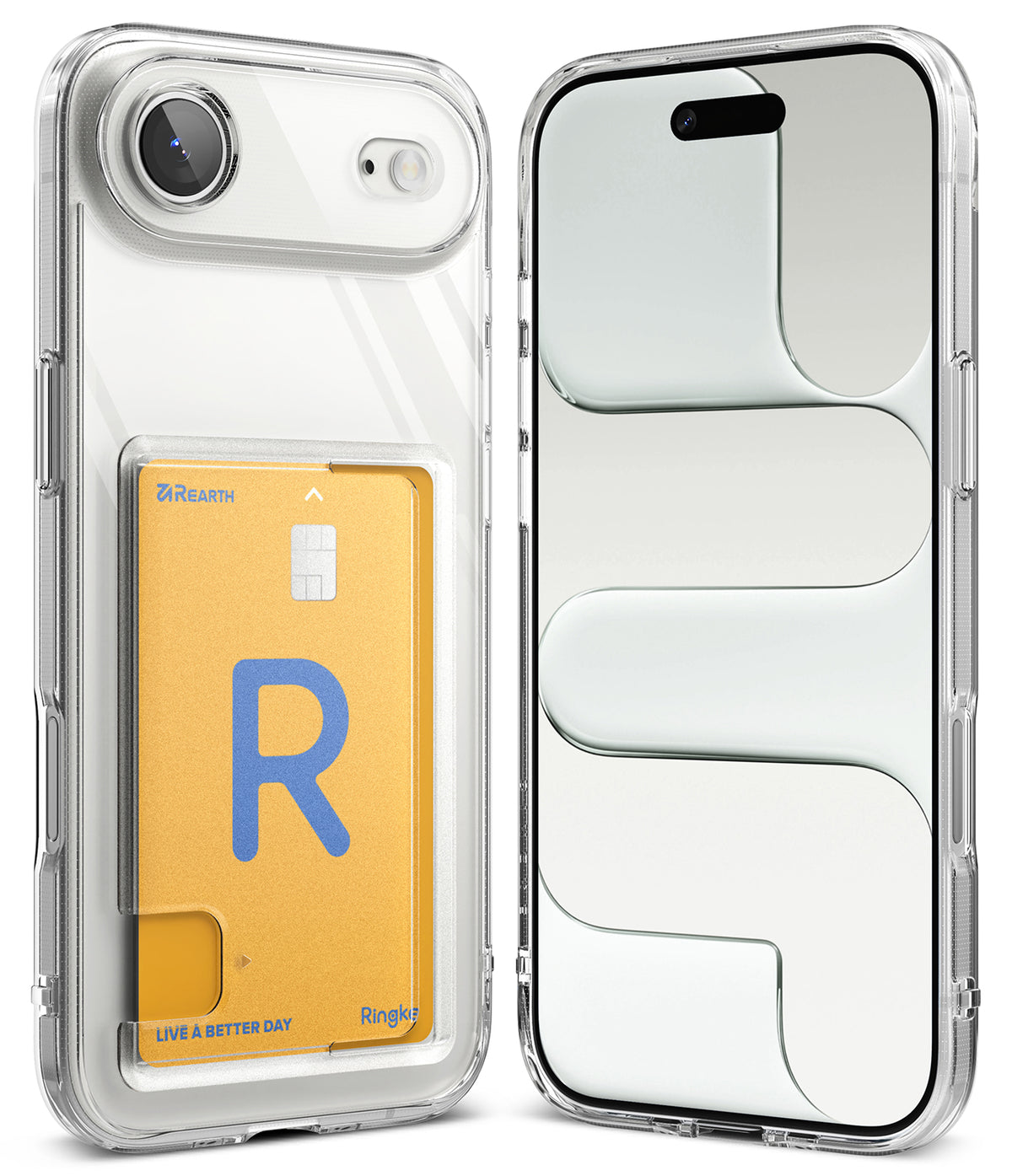 iPhone Air Case | Fusion Card - Clear iPhone case with a built-in card slot holding a gold credit card, shown front and back.