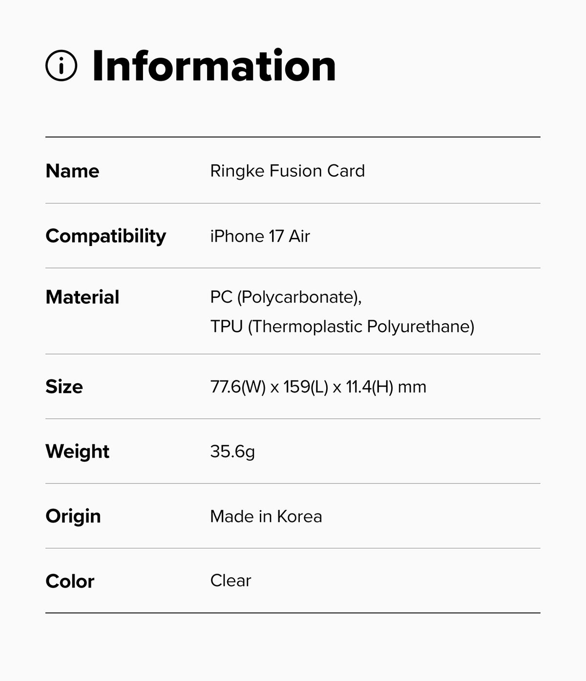 iPhone Air Case | Fusion Card - Technical specifications table for Ringke Fusion Card case for iPhone 17 Air.