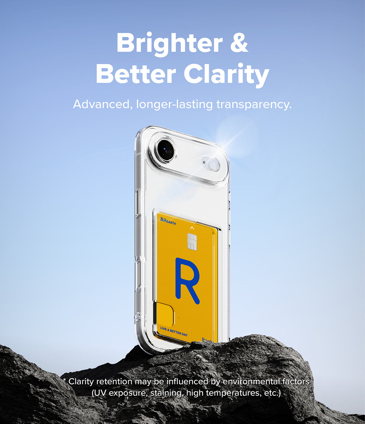 iPhone Air Case | Fusion Card - Clear phone case with a yellow card holder on a rock against a blue sky background.
