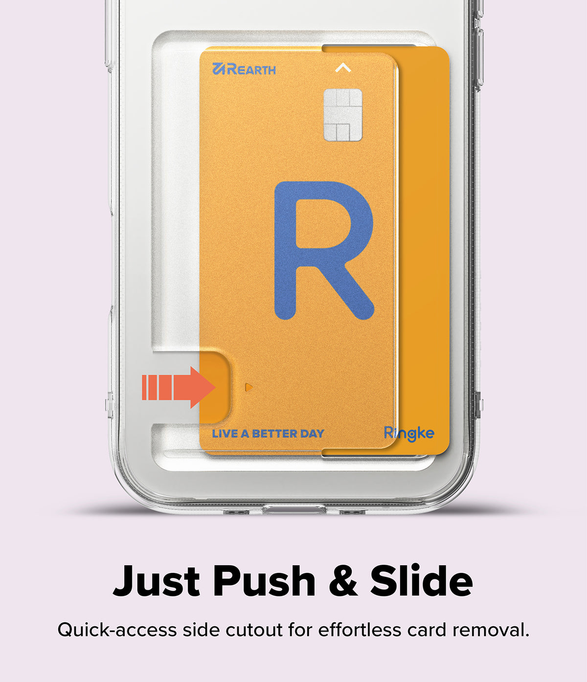 iPhone Air Case | Fusion Card - A clear phone case with a yellow card slot showing a red arrow indicating how to slide out a card.