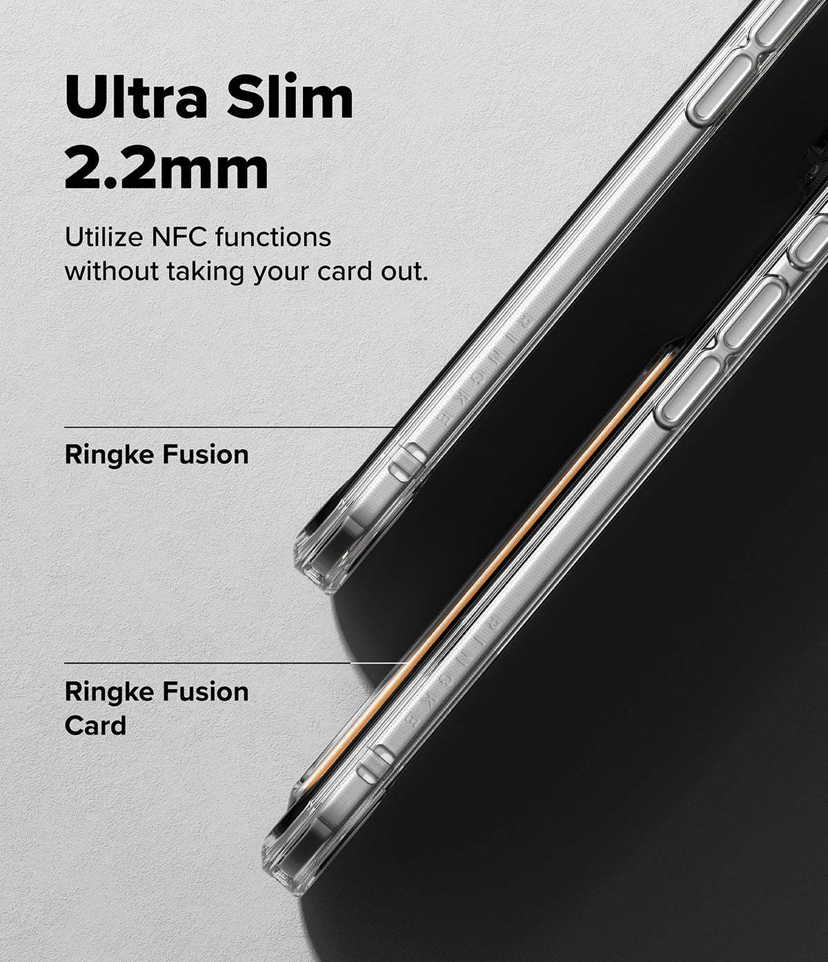 iPhone Air Case | Fusion Card - Comparison of a standard clear phone case and a slim card-holding case on a gray background.