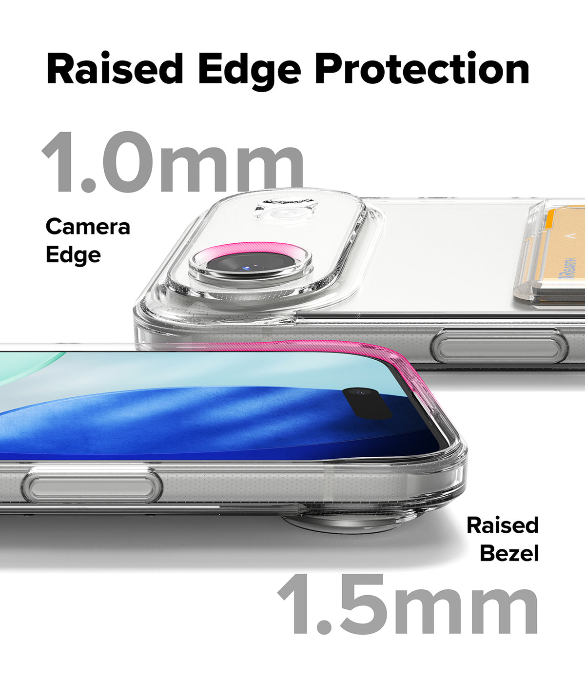 iPhone Air Case | Fusion Card - Clear phone case showing 1.0mm camera edge and 1.5mm screen bezel protection.