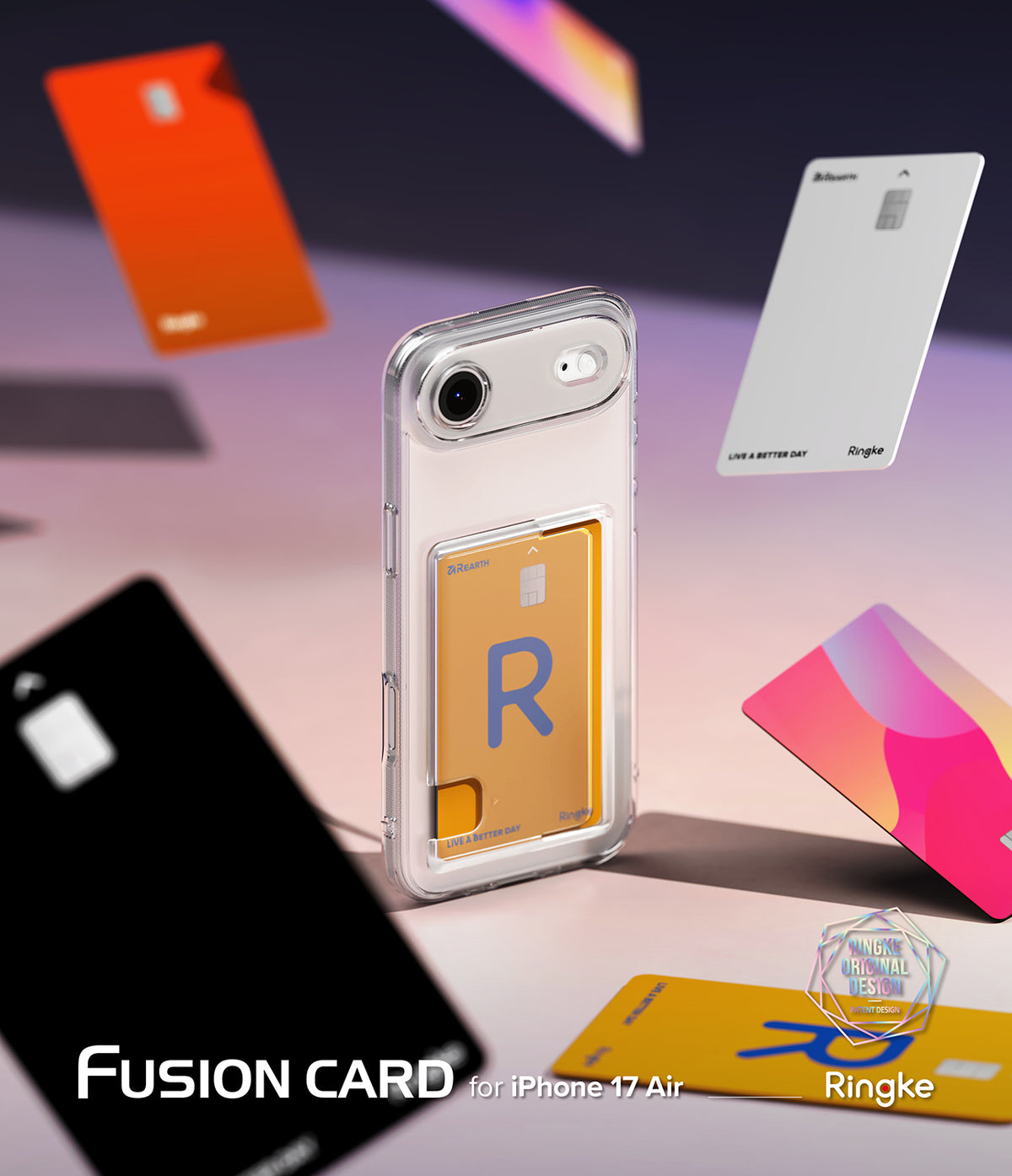 iPhone Air Case | Fusion Card - Clear phone case holding a gold card, surrounded by floating colorful credit cards.