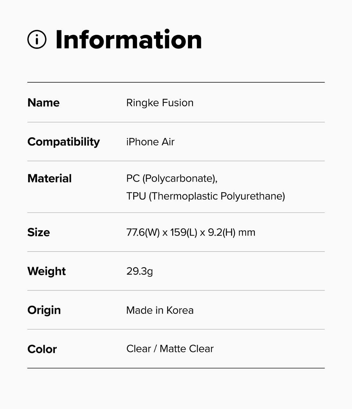 iPhone Air Case | Fusion - Information table listing product name, compatibility, materials, size, weight, origin, and color.