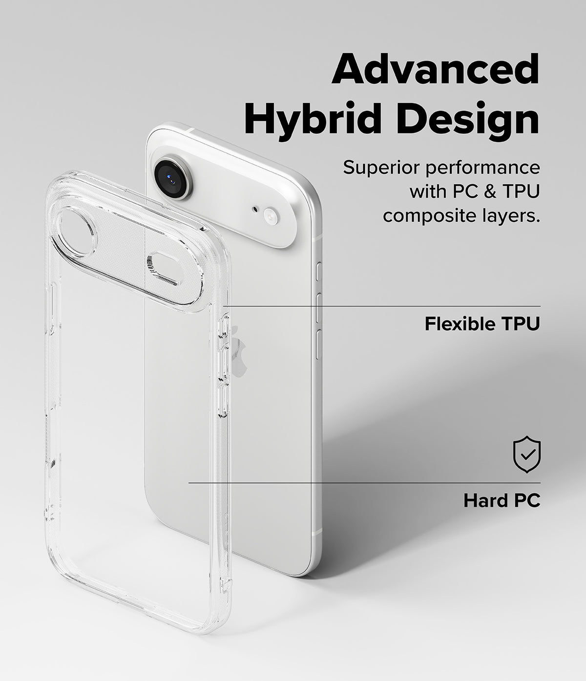 iPhone Air Case | Fusion - Clear hybrid phone case showing flexible TPU edges and a hard PC back panel with text labels.