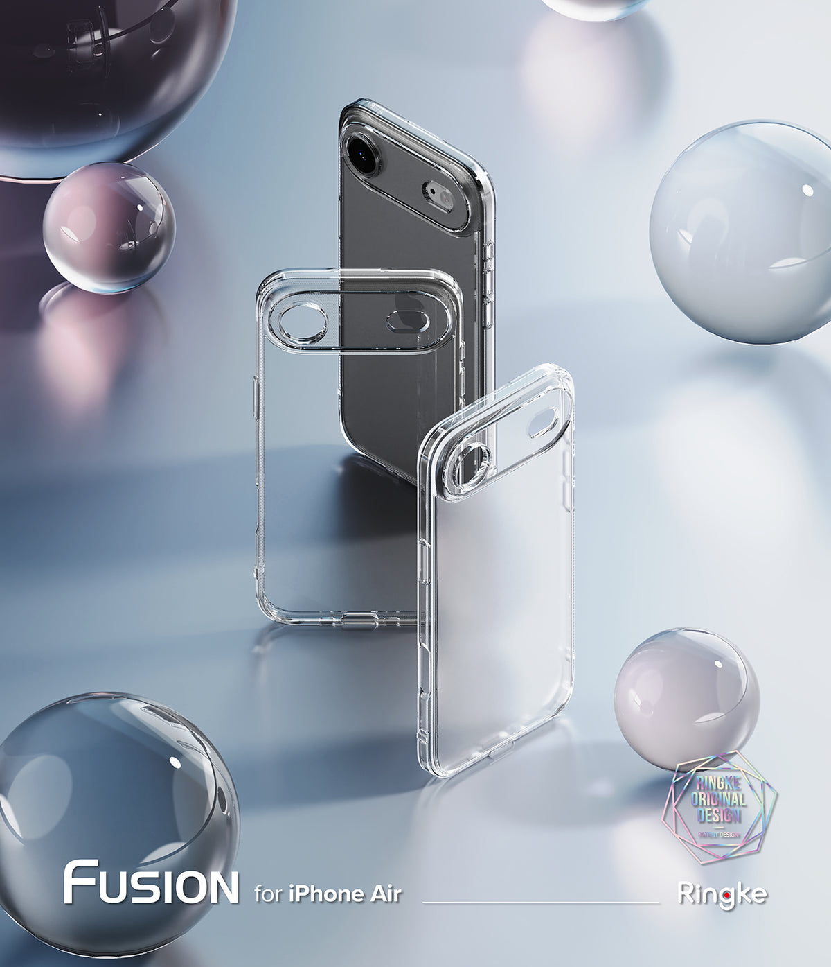 iPhone Air Case | Fusion - Clear protective phone cases arranged among floating glass spheres on a reflective surface.