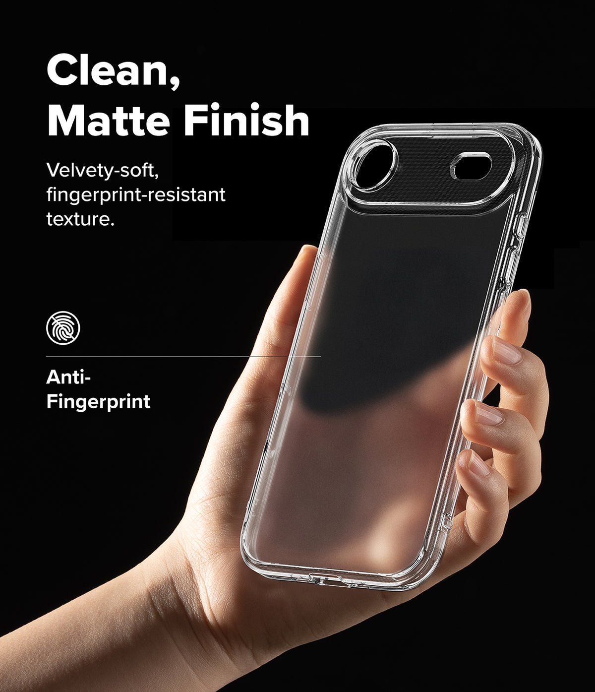 iPhone Air Case | Fusion Matte - Hand holding a clear, matte-finish iPhone case against a black background with text overlays.