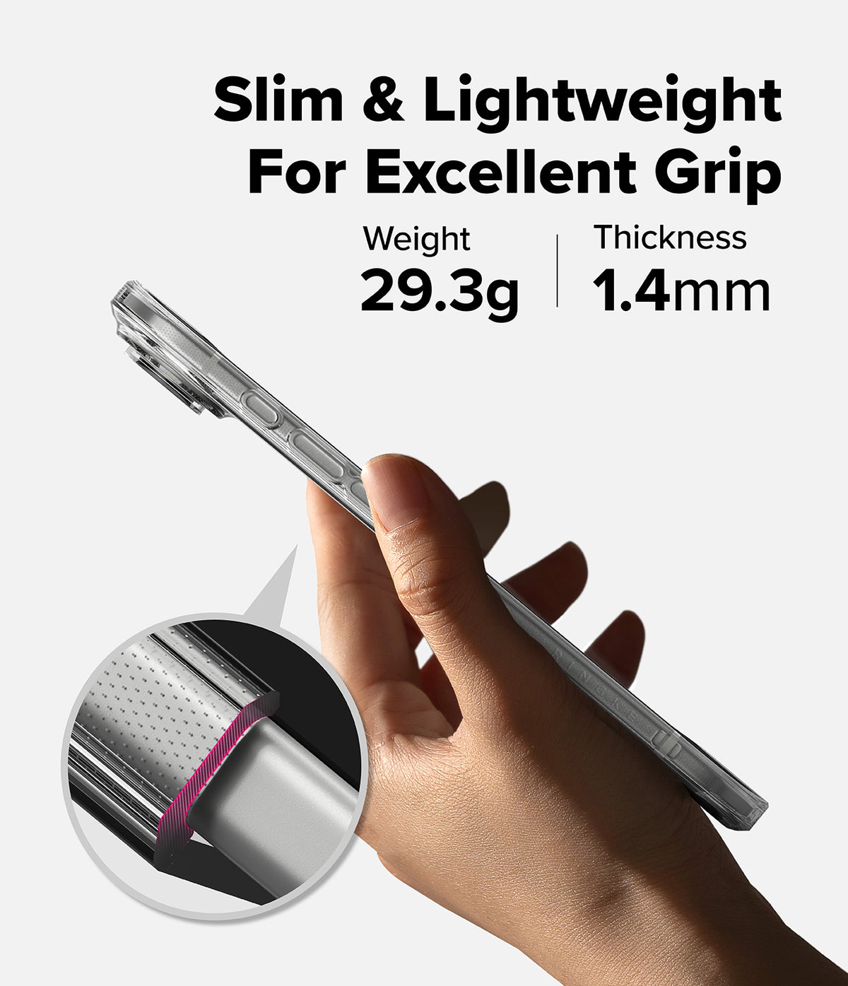 iPhone Air Case | Fusion Matte - Hand holding a slim, clear phone case with a magnified view of its textured interior.
