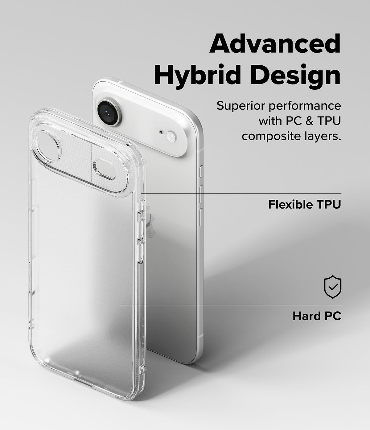 iPhone Air Case | Fusion Matte - Diagram showing a phone case with flexible TPU edges and a hard PC back panel.