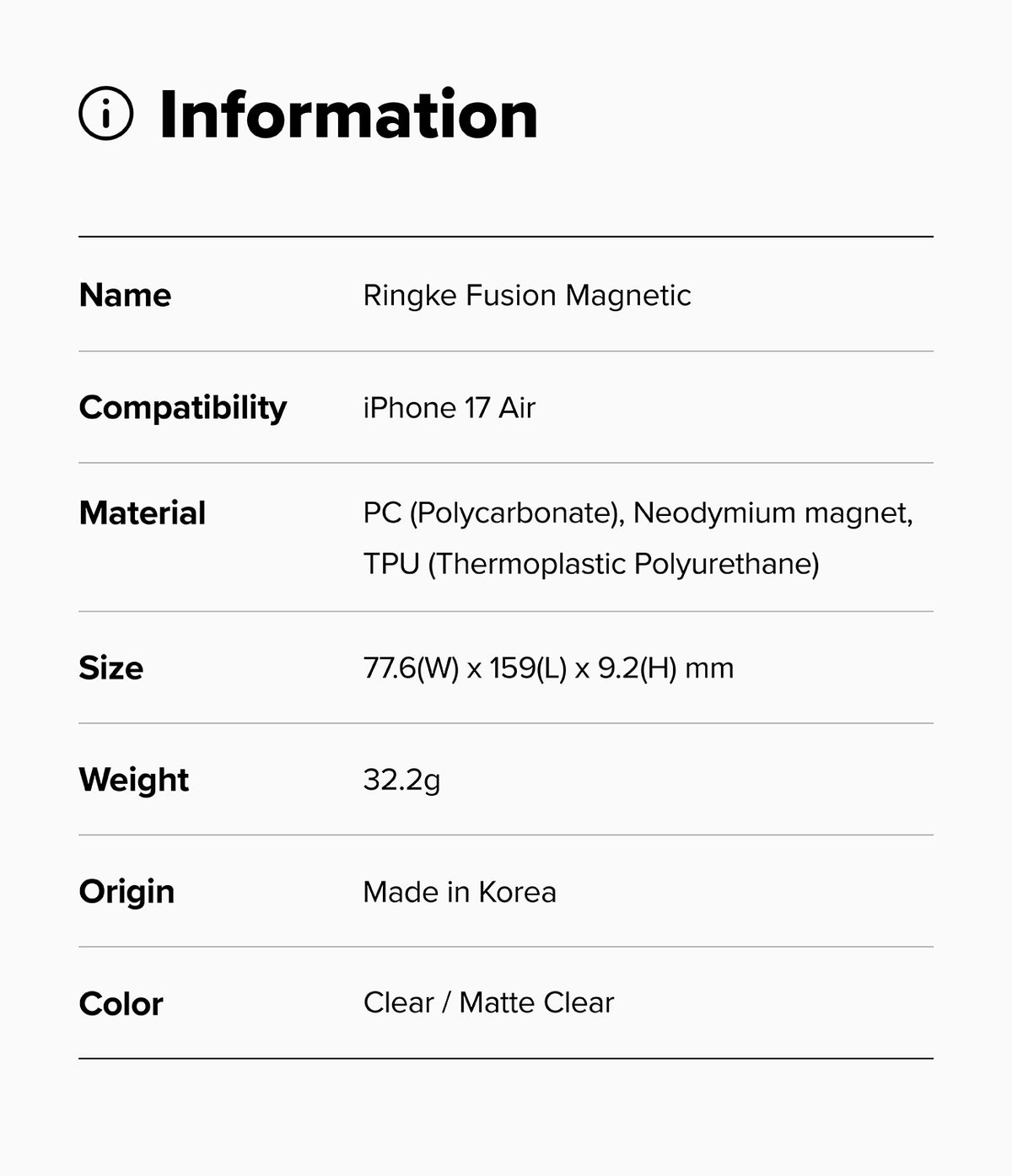 iPhone Air Case | Fusion Magnetic - Information table listing product name, compatibility, material, size, weight, origin, and color.