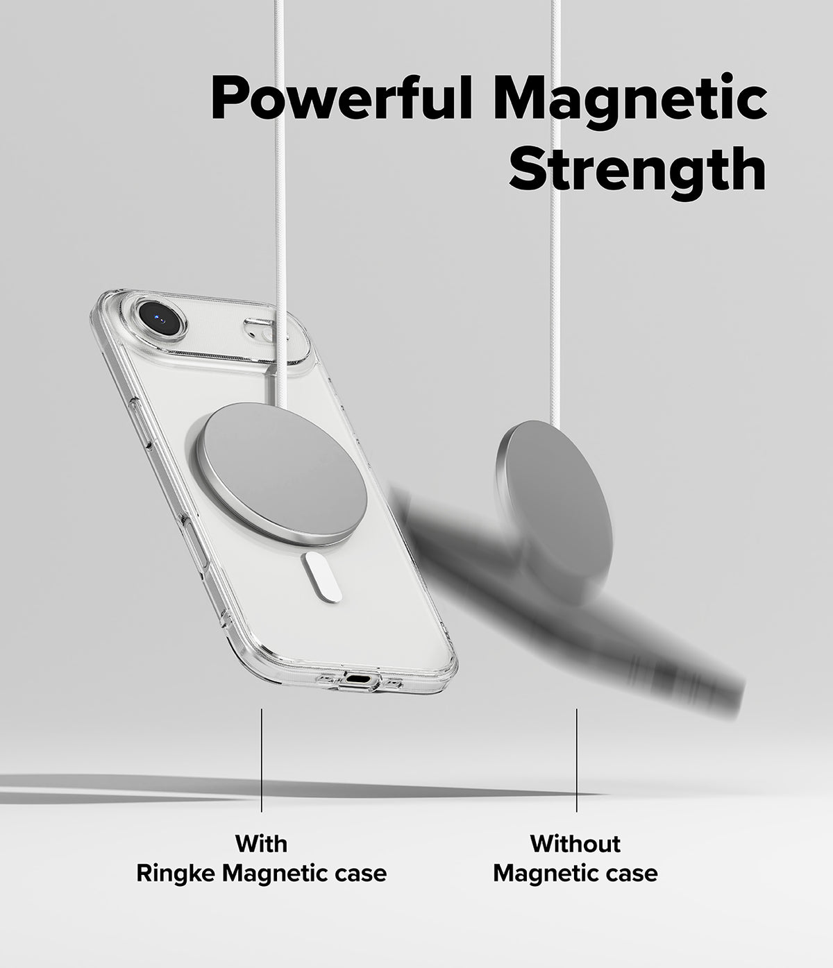 iPhone Air Case | Fusion Magnetic - A clear phone case holding a magnetic charger while a phone without a case falls away.