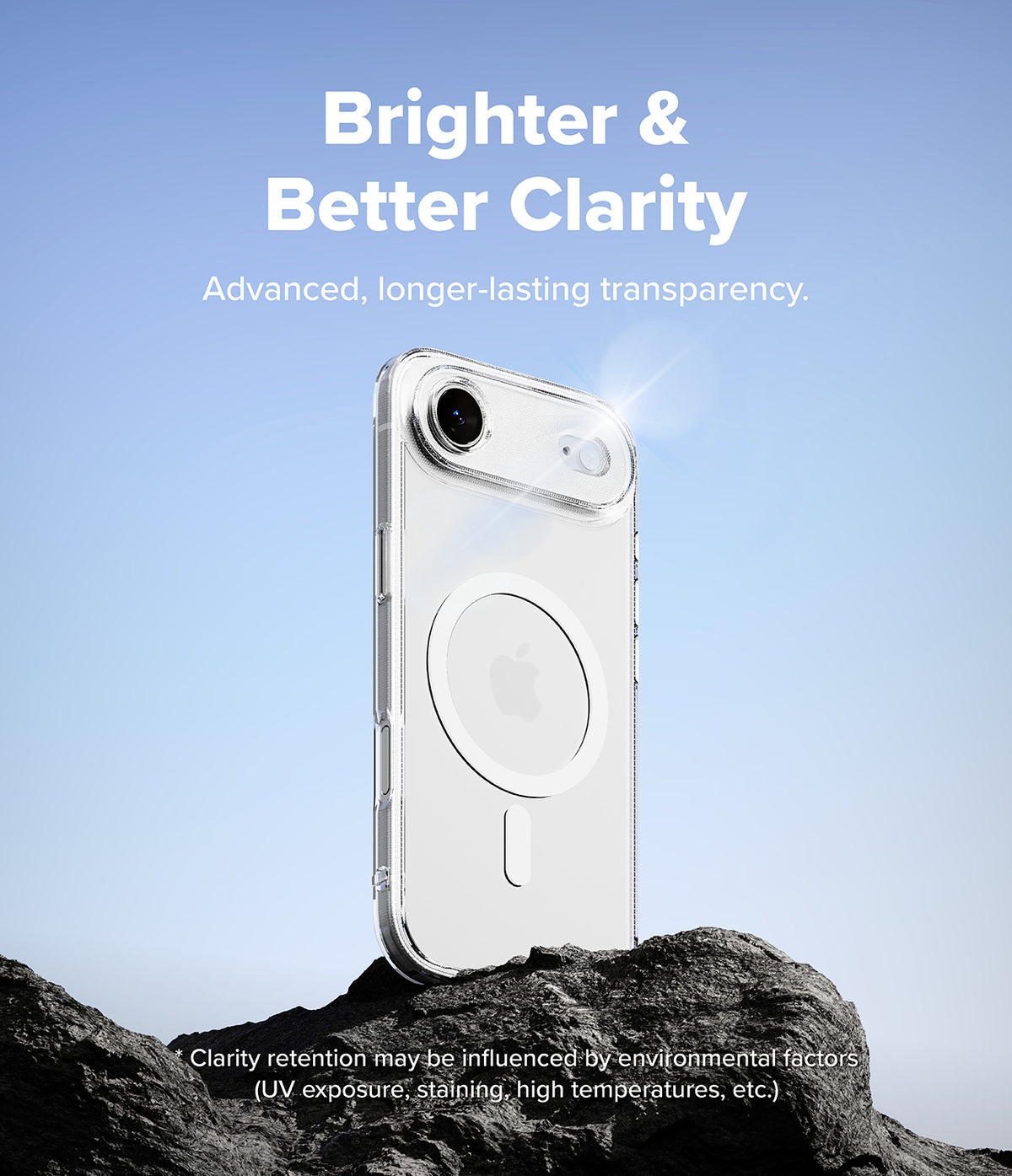 iPhone Air Case | Fusion Magnetic - Clear magnetic iPhone case on a rock against a blue sky with text about clarity.