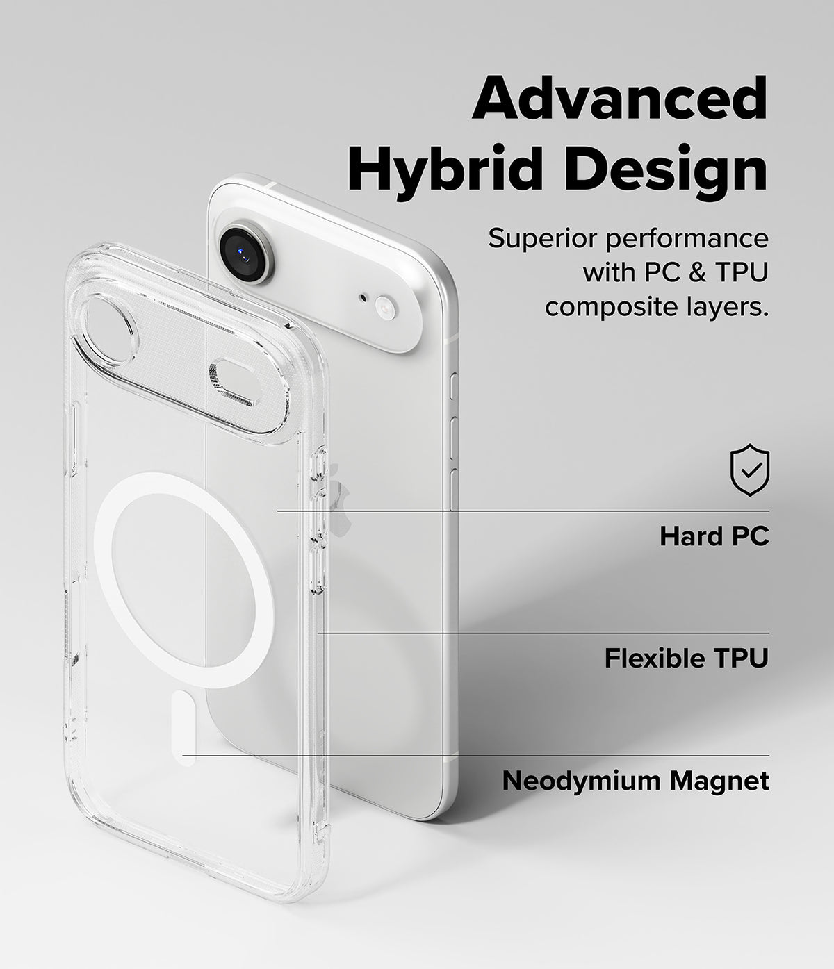 iPhone Air Case | Fusion Magnetic - Exploded view of a clear phone case showing PC, TPU, and magnetic layers on a phone.
