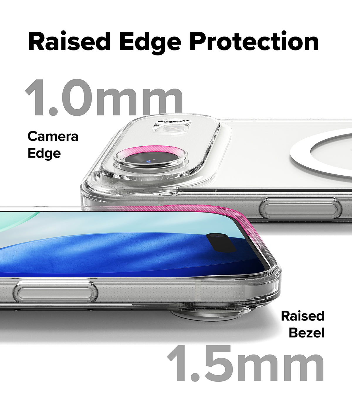 iPhone Air Case | Fusion Magnetic - Clear phone case showing 1.0mm raised camera edge and 1.5mm raised screen bezel protection.