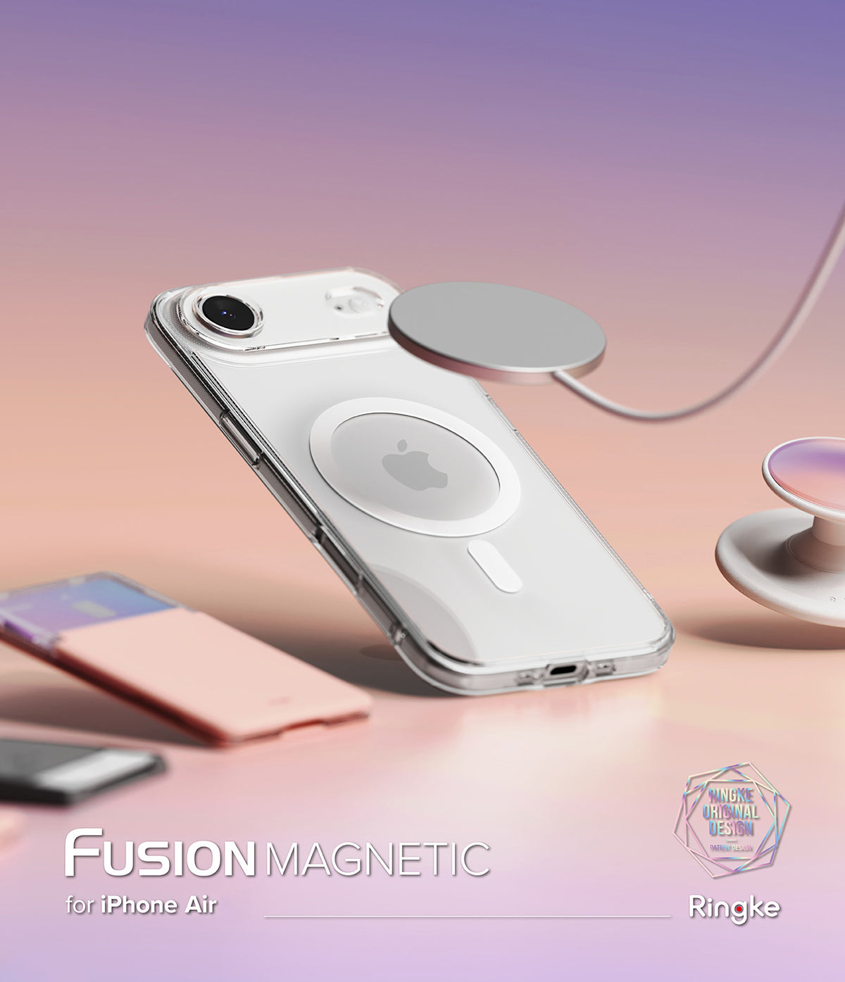 iPhone Air Case | Fusion Magnetic - Clear magnetic phone case floating with a charger and accessories on a gradient background.