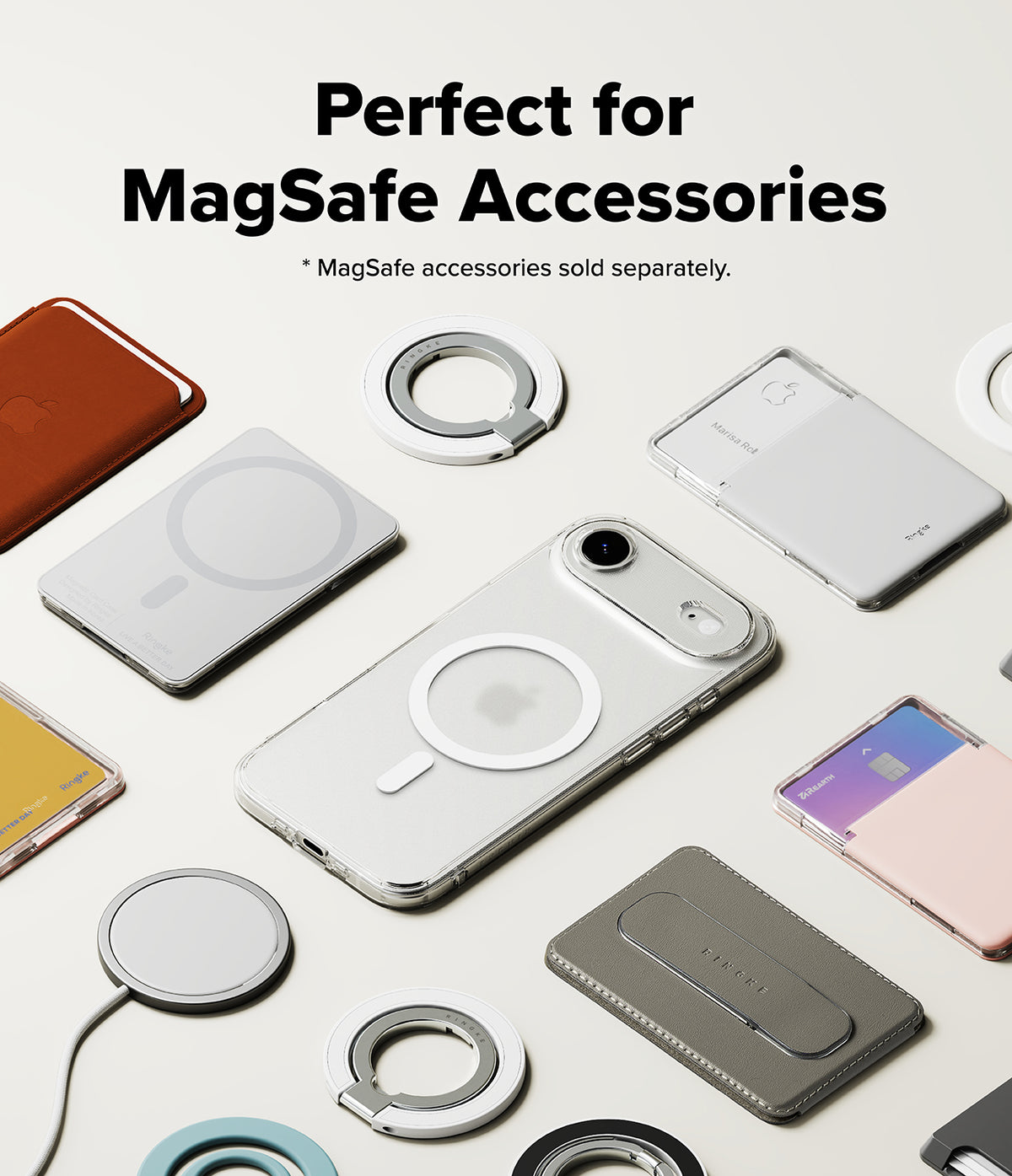 iPhone Air Case | Fusion Magnetic Matte - A clear iPhone case surrounded by various MagSafe chargers, wallets, and ring holders.