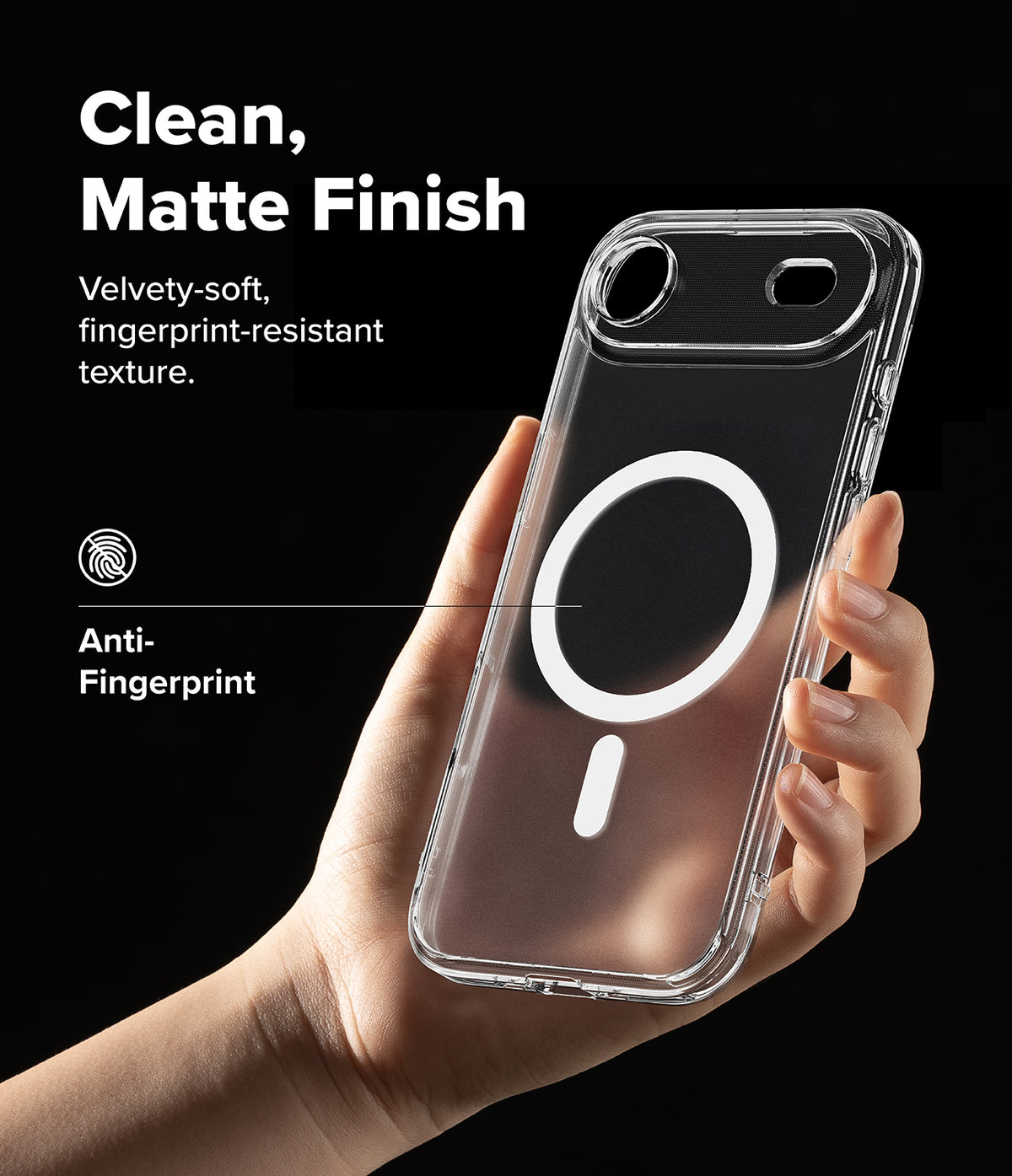 iPhone Air Case | Fusion Magnetic Matte - Hand holding a clear, matte iPhone case with a white MagSafe ring against a black background.