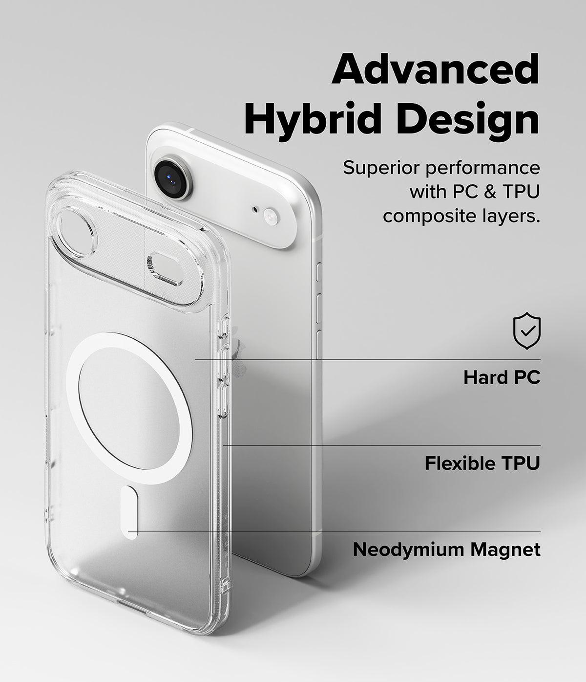 iPhone Air Case | Fusion Magnetic Matte - Exploded view of a phone case showing PC, TPU, and magnetic layers.