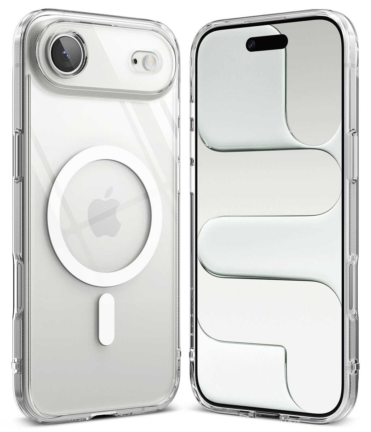 iPhone Air Case | Fusion Magnetic - Clear iPhone case showing back with MagSafe ring and front with abstract screen design.