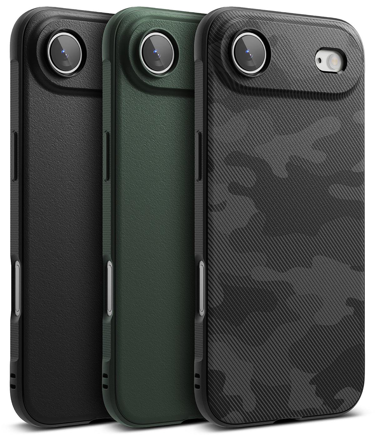 iPhone Air Case | Onyx - Three iPhone cases in black, green, and black camo, featuring textured backs and camera cutouts.