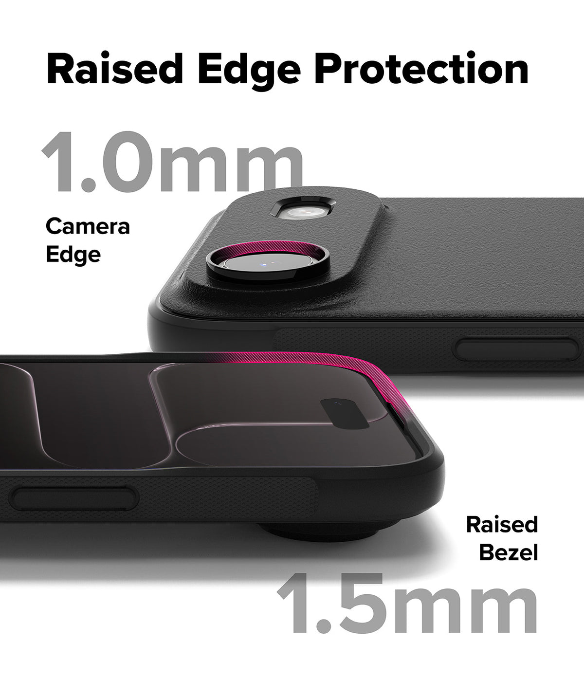 iPhone Air Case | Onyx - Close-up of phone case showing 1.0mm camera edge and 1.5mm raised screen bezel protection.
