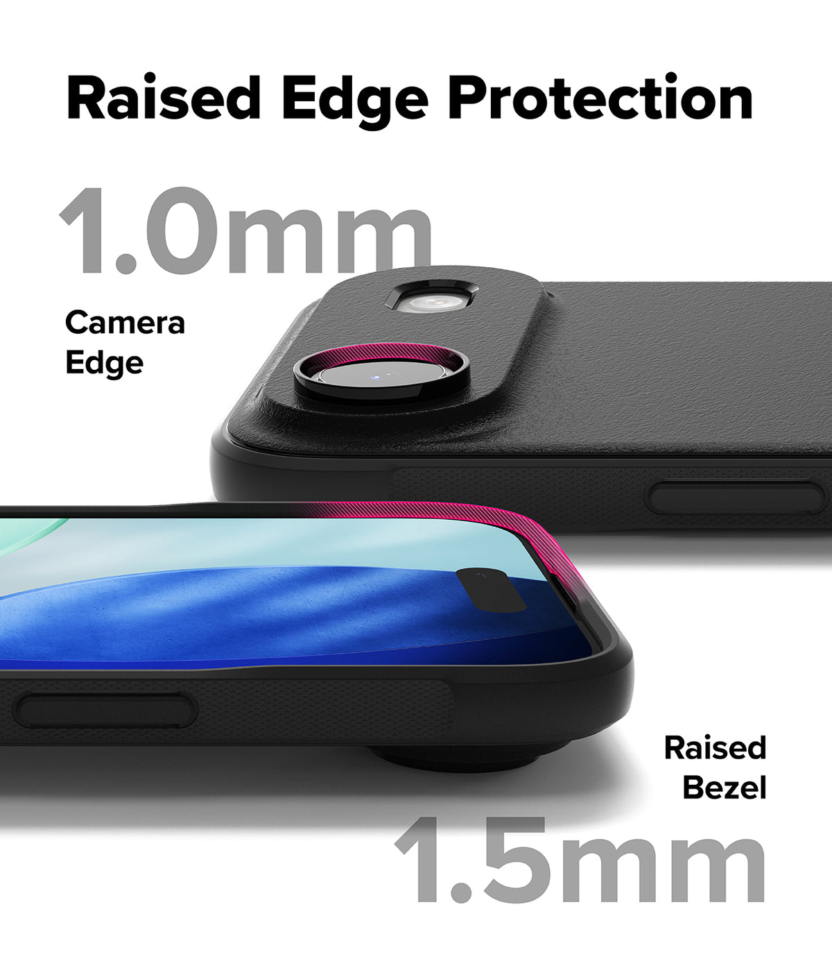 iPhone Air Case | Onyx - Close-up showing 1.0mm camera edge and 1.5mm raised screen bezel for protection.