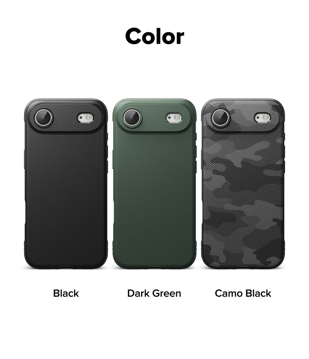 iPhone Air Case | Onyx - Three phone cases in black, dark green, and camo black arranged side-by-side against a white background.
