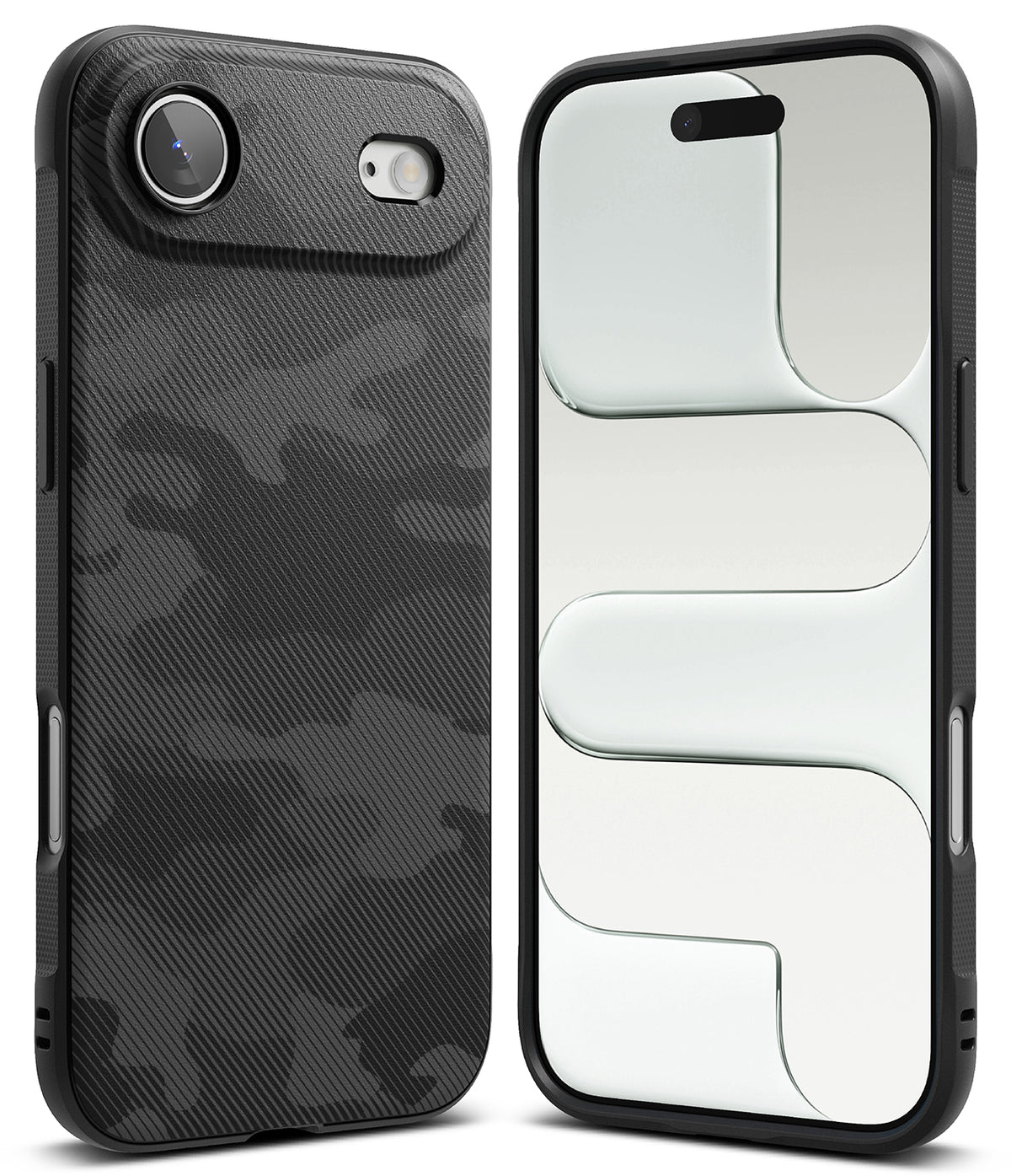 iPhone Air Case | Onyx - Black camouflage textured phone case shown from back and front views against a white background.