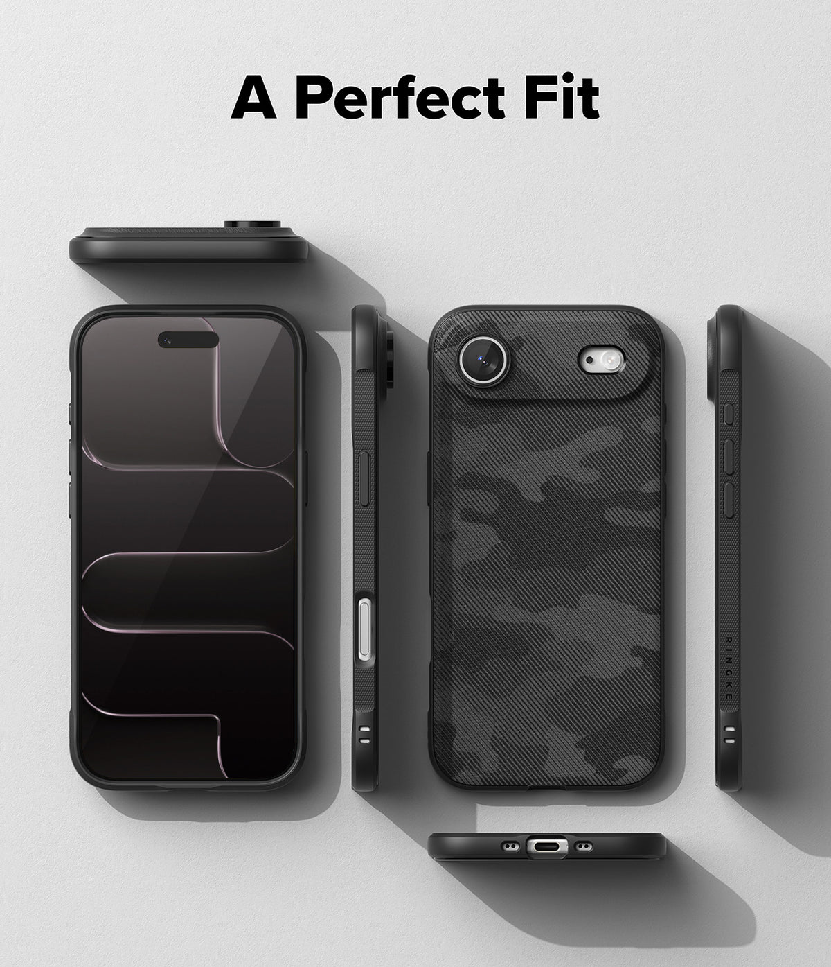 iPhone Air Case | Onyx - Multiple views of a black camouflage phone case showing front, back, and side profiles on a gray background.