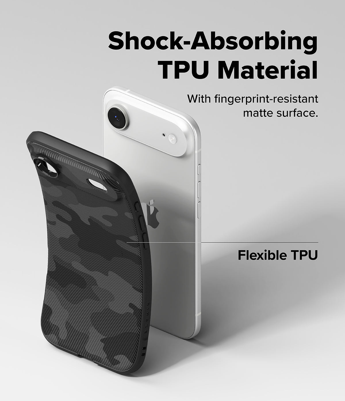 iPhone Air Case | Onyx - A flexible black camo TPU phone case shown next to a silver iPhone with text highlighting material.