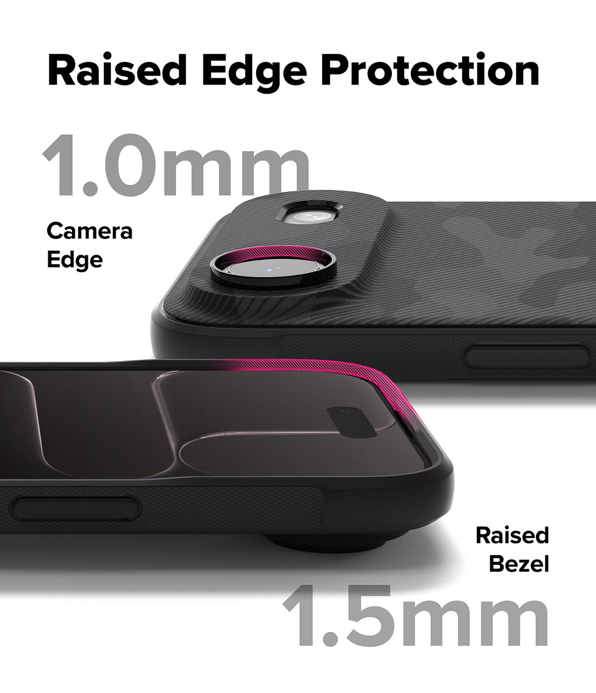 iPhone Air Case | Onyx - Close-up of phone case showing 1.0mm camera edge and 1.5mm raised screen bezel protection.