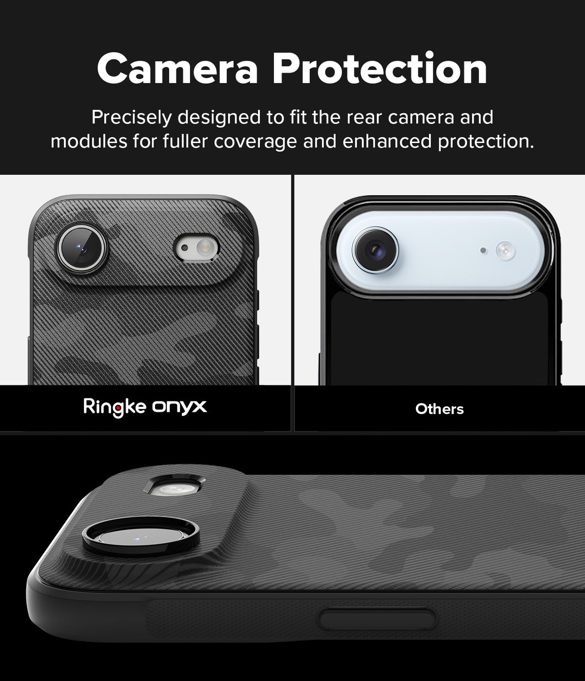 iPhone Air Case | Onyx - Comparison showing the Ringke Onyx case providing fuller camera module coverage than other cases.