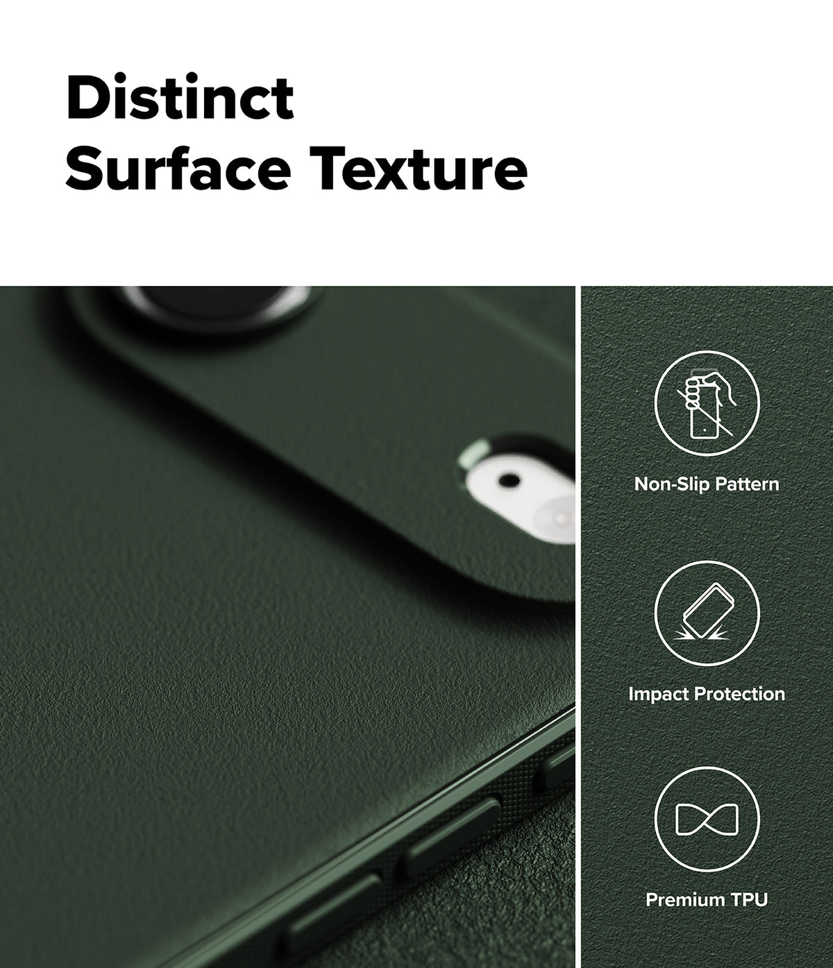 iPhone Air Case | Onyx - Close-up of dark green textured phone case with icons for non-slip, impact protection, and premium TPU.