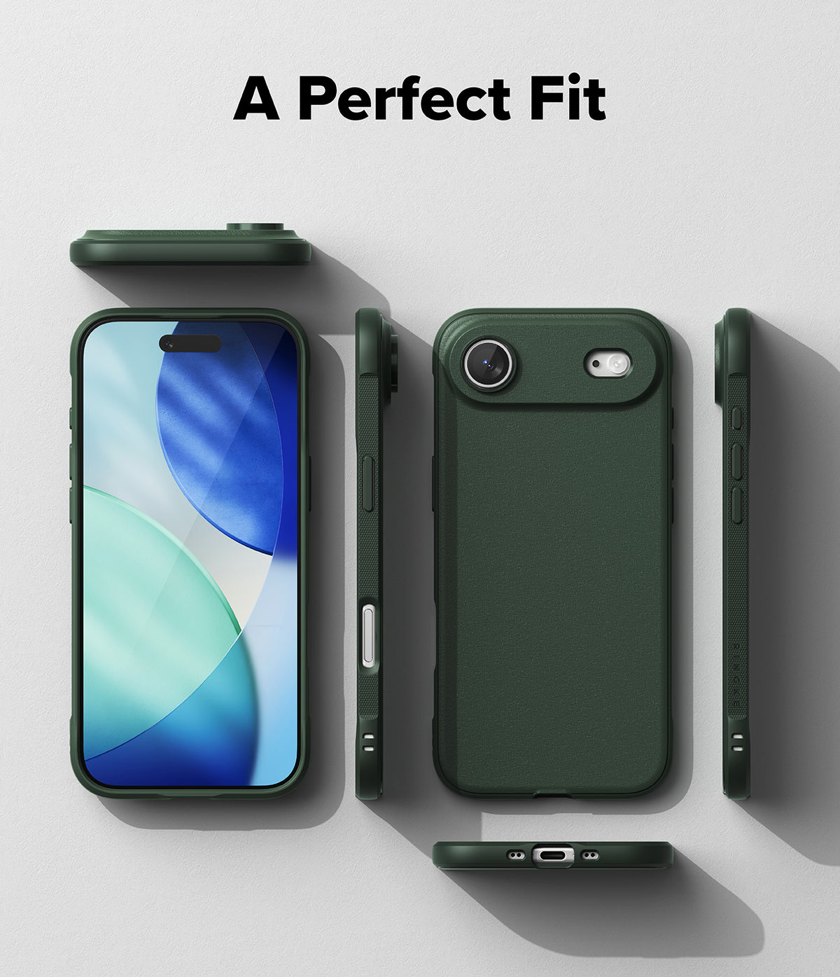 iPhone Air Case | Onyx - Multiple views of a dark green phone case showing the front, back, sides, and top/bottom ports.