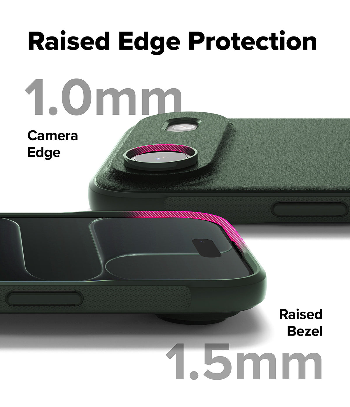 iPhone Air Case | Onyx - Dark green phone case showing 1.0mm camera edge and 1.5mm raised screen bezel protection.
