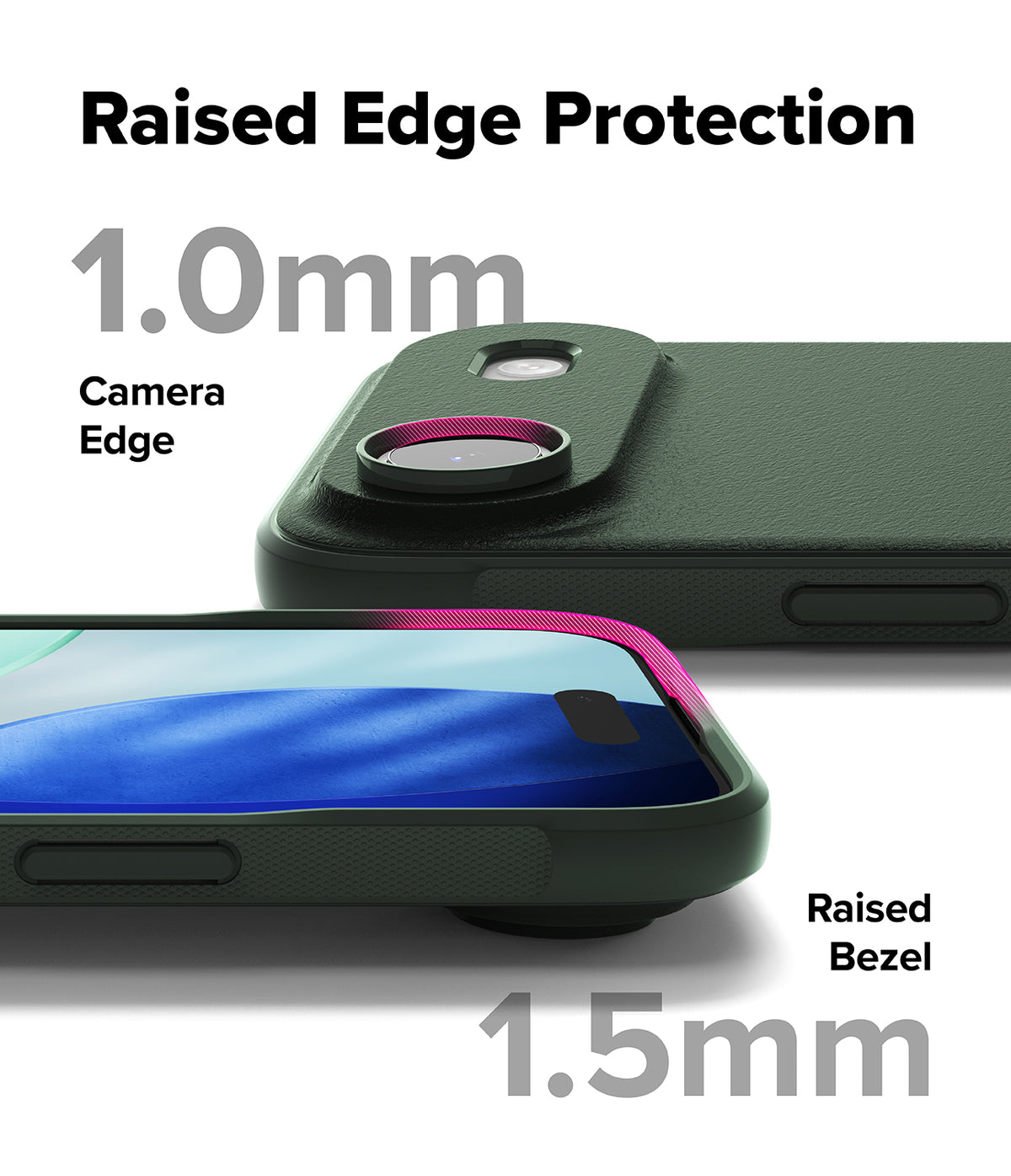iPhone Air Case | Onyx - Close-up of phone case highlighting 1.0mm camera edge and 1.5mm raised screen bezel protection.
