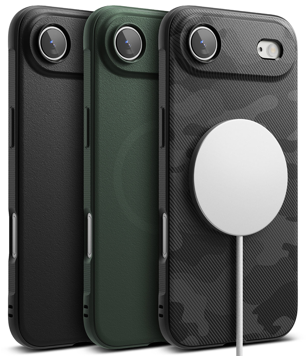 iPhone Air Case | Onyx Magnetic - Three iPhone cases in black, green, and camo with a magnetic charger attached to the camo case.