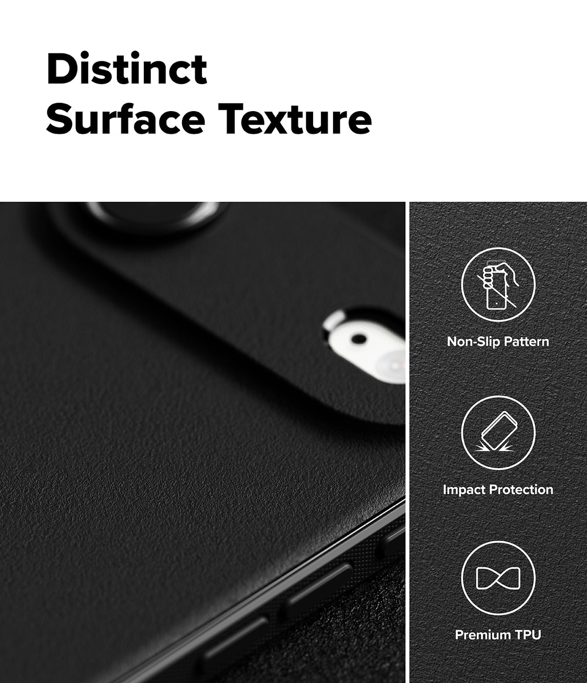 iPhone Air Case | Onyx Magnetic - Close-up of black textured phone case with icons for non-slip, impact protection, and premium TPU.