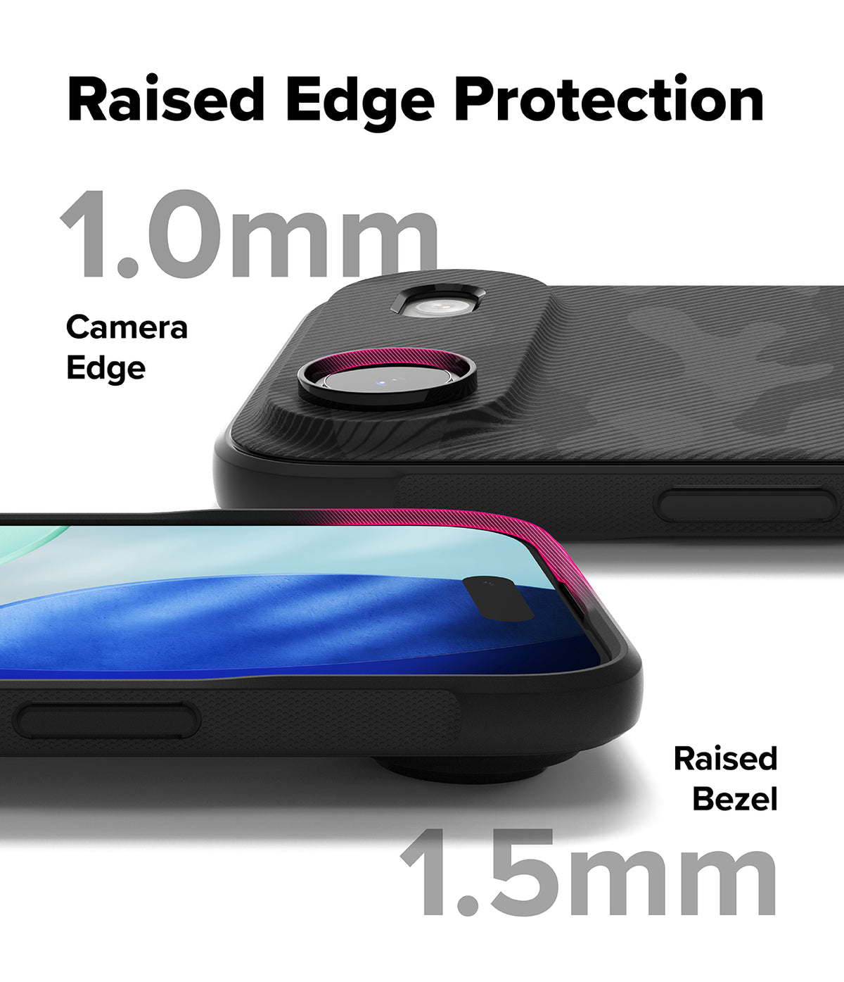 iPhone Air Case | Onyx Magnetic - Close-up of phone case showing 1.0mm camera edge and 1.5mm raised screen bezel protection.